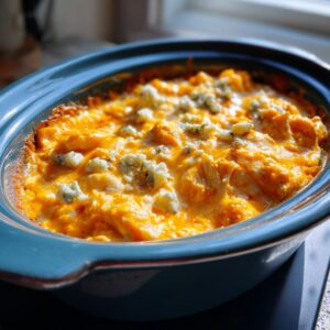 A close-up shot of bubbly slow cooker buffalo chicken dip topped with melted cheese and blue cheese crumbles.