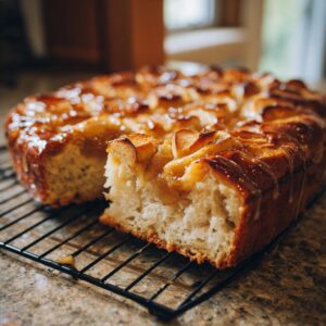 A close-up of a delicious sourdough apple fritter focaccia, with a slice removed, showing its fluffy interior and glistening glaze.
