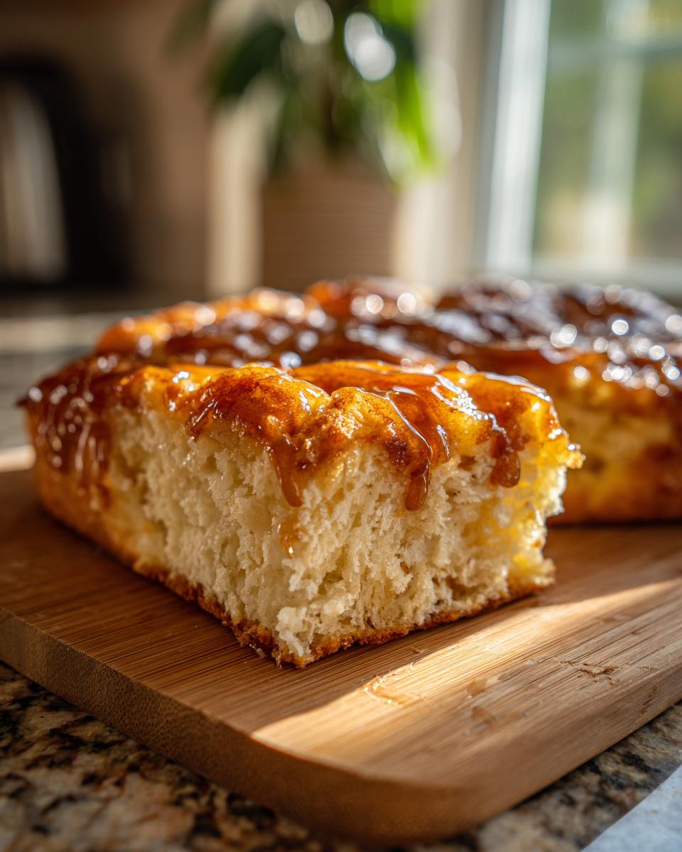 A slice of delicious sourdough apple fritter focaccia with a glistening caramel glaze.
