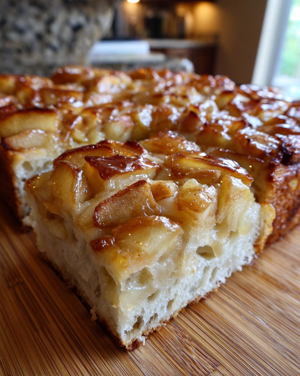 A close-up of a slice of sourdough apple fritter focaccia, showcasing the fluffy interior and caramelized apple topping.
