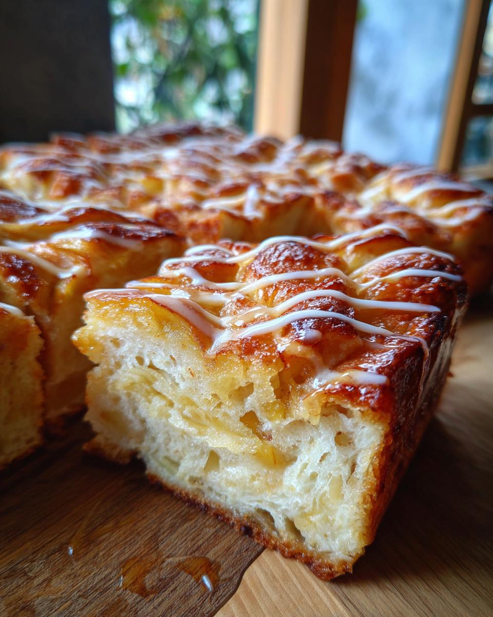 A close-up view of a slice of sourdough apple fritter focaccia, drizzled with white icing.