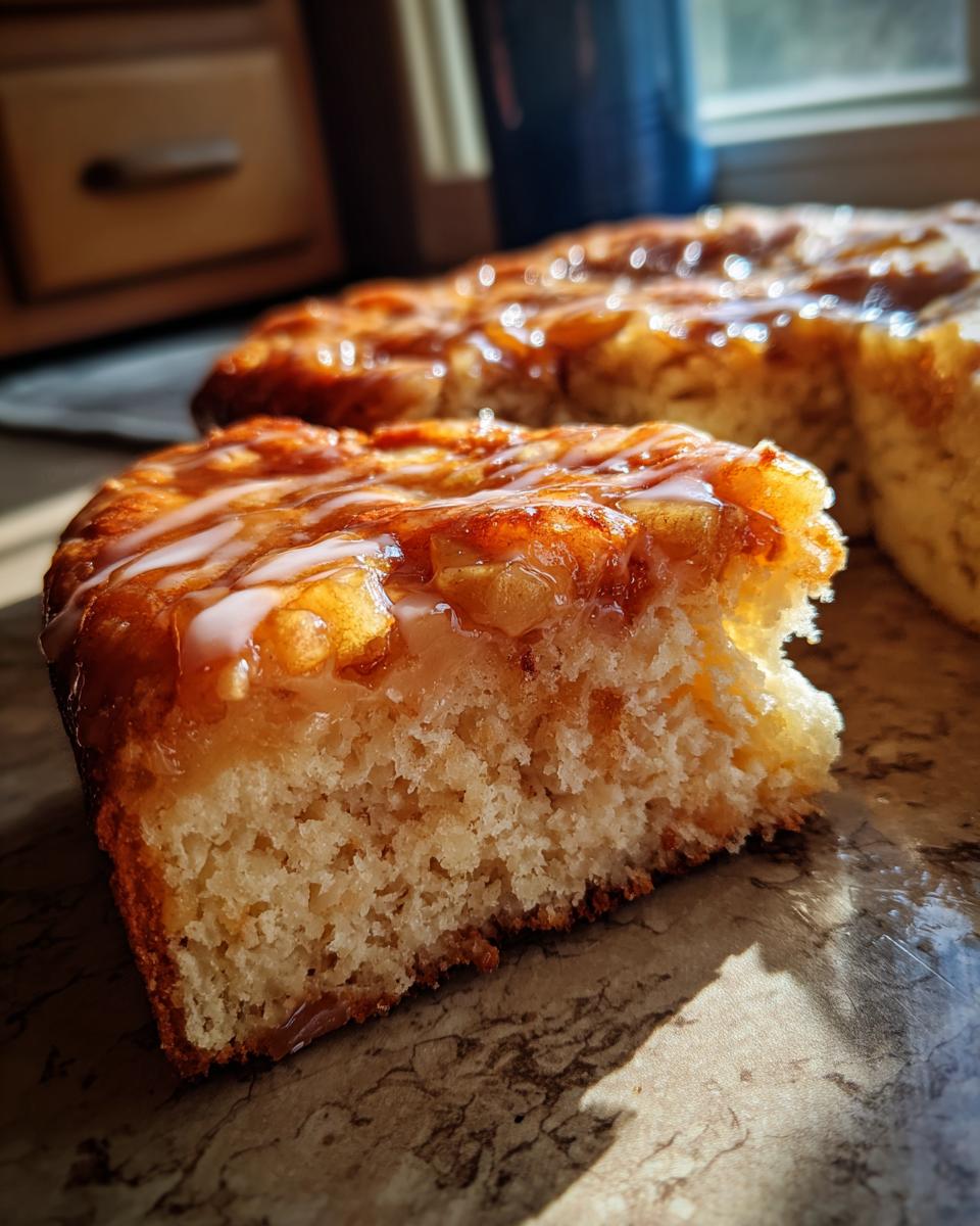 A close-up of a slice of sourdough apple fritter focaccia, showing the fluffy interior and apple topping.