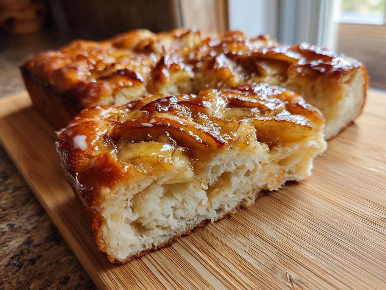 A close-up of a slice of sourdough apple fritter focaccia, showing the fluffy interior and glazed apple topping.