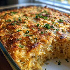Close-up of a freshly baked spaghetti squash au gratin in a baking dish, topped with melted cheese and parsley.