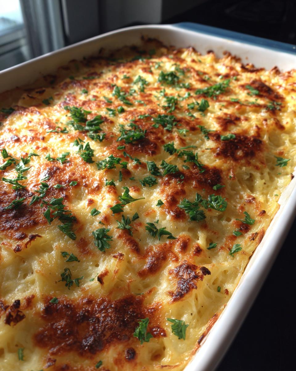 A close-up of a golden-brown baked spaghetti squash au gratin dish, topped with fresh parsley.