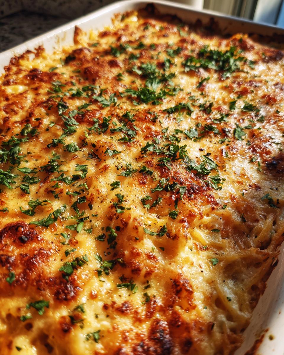 Close-up of a golden-brown, bubbly spaghetti squash au gratin, topped with fresh parsley.