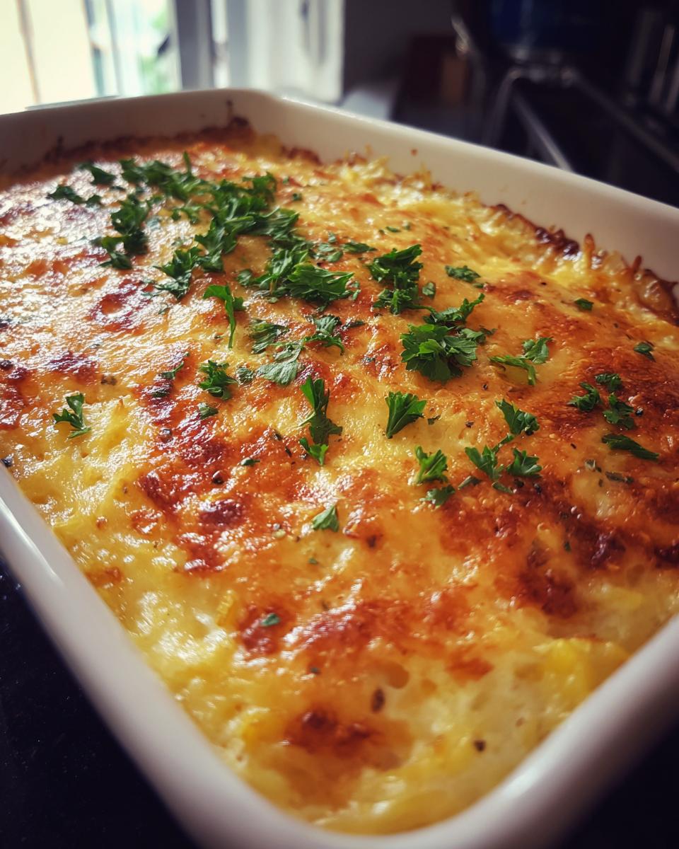 Close-up of a golden-brown spaghetti squash au gratin baked in a white dish, topped with fresh parsley.