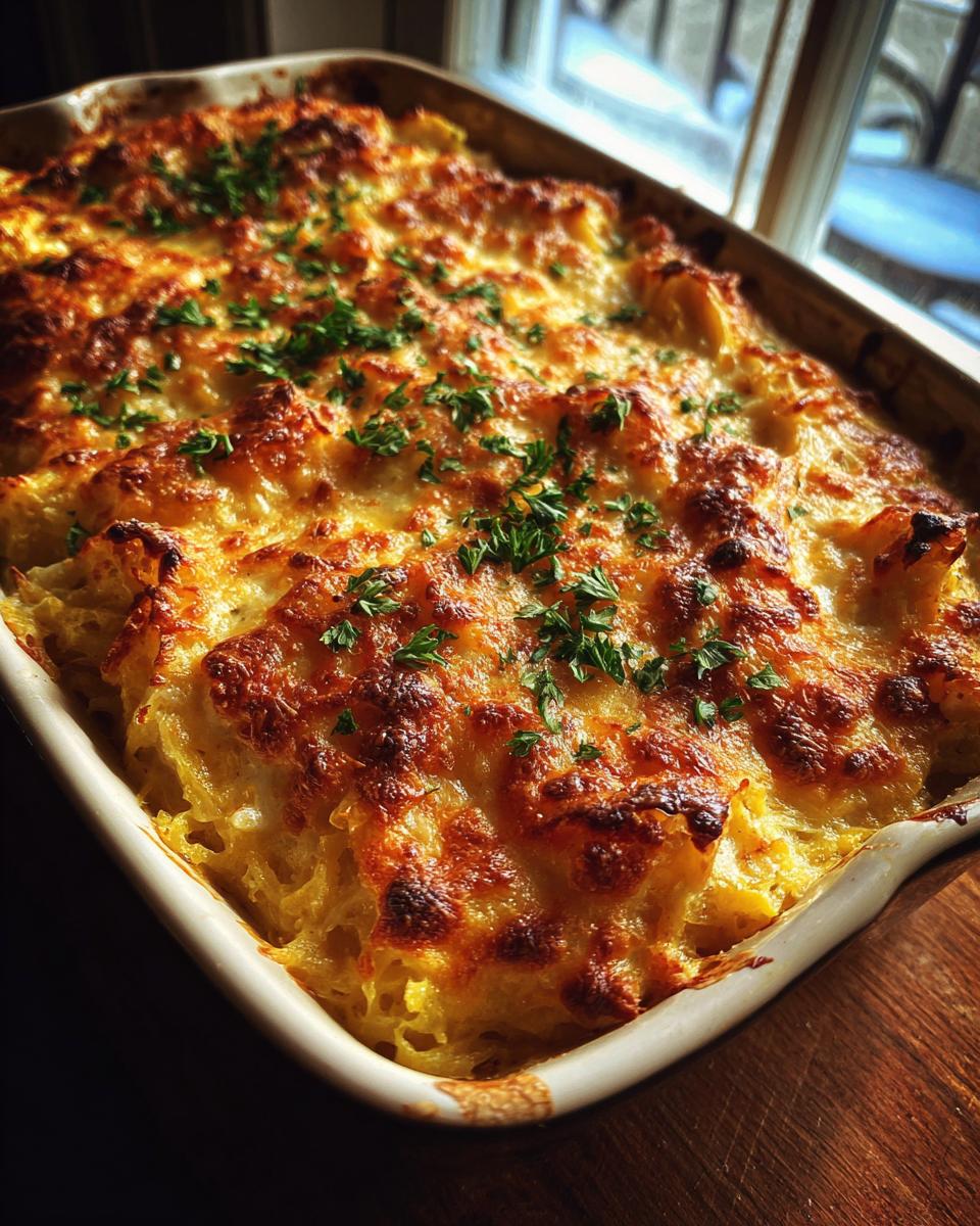 Close-up of a golden-brown baked spaghetti squash au gratin in a white ceramic dish, topped with melted cheese and parsley.