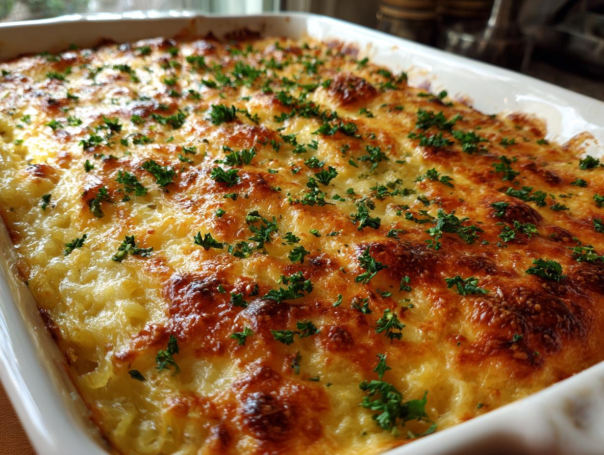 Close-up of a freshly baked spaghetti squash au gratin in a white baking dish, topped with melted cheese and parsley.
