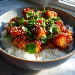 A close-up of a bowl filled with fluffy white coconut rice topped with crispy, glazed spicy maple chicken and fresh cilantro.