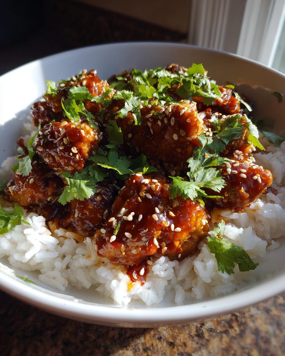 A bowl of fluffy white coconut rice topped with glazed spicy maple chicken pieces, sesame seeds, and fresh cilantro.