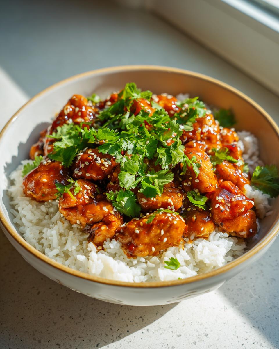 A close-up of a bowl filled with fluffy white rice topped with glistening pieces of spicy maple chicken, garnished with sesame seeds and fresh cilantro.