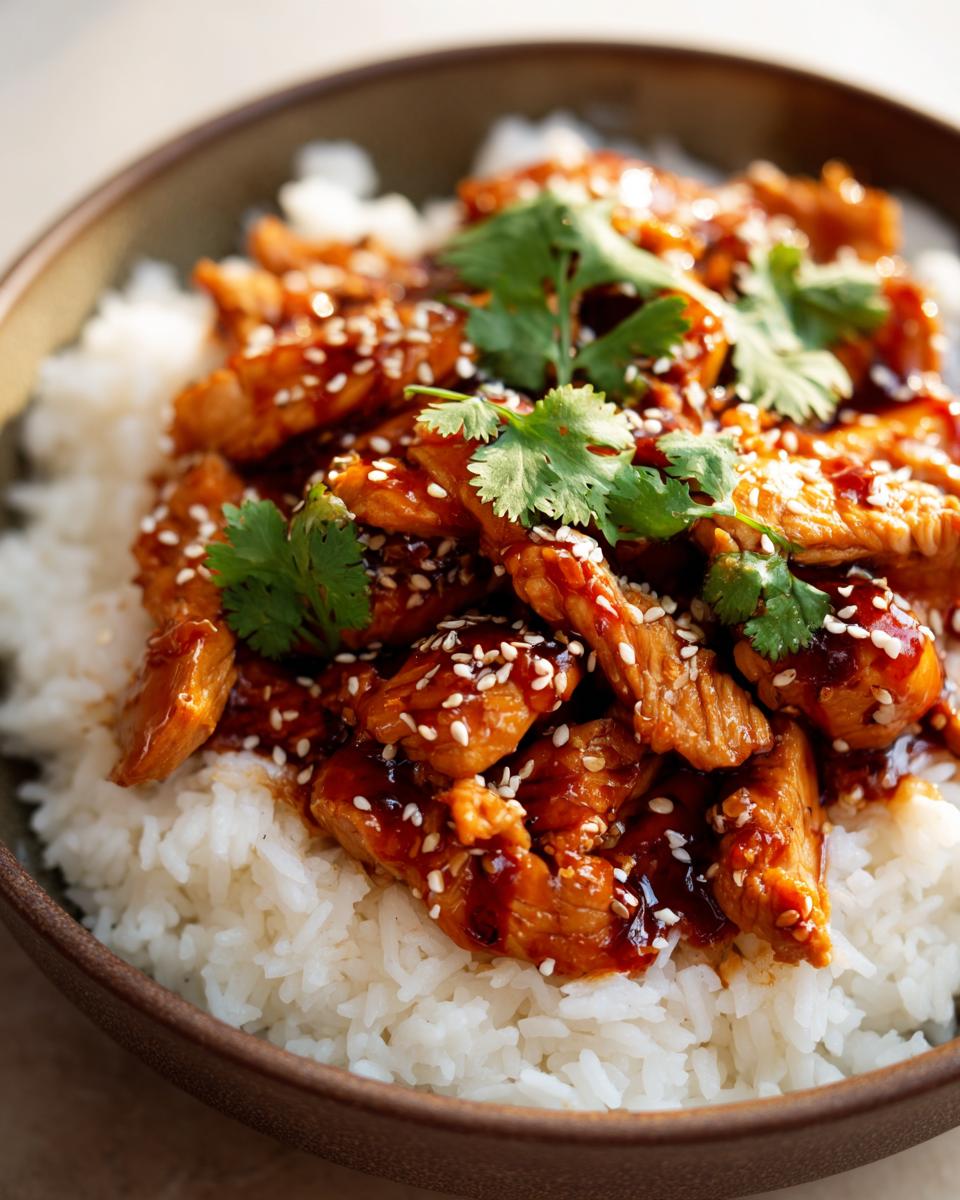 A close-up of a bowl filled with fluffy white rice topped with glazed spicy maple chicken and garnished with sesame seeds and cilantro.