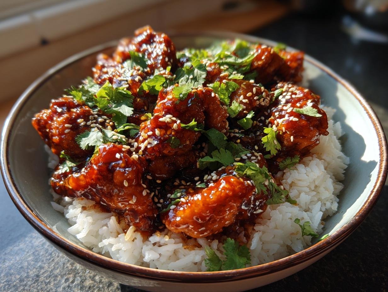 A bowl of fluffy white rice topped with glistening, glazed spicy maple chicken and fresh cilantro.