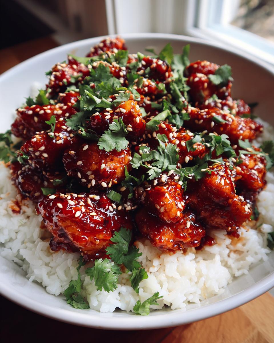 A close-up of delicious Spicy Maple Chicken Coconut Rice, topped with sesame seeds and fresh cilantro.