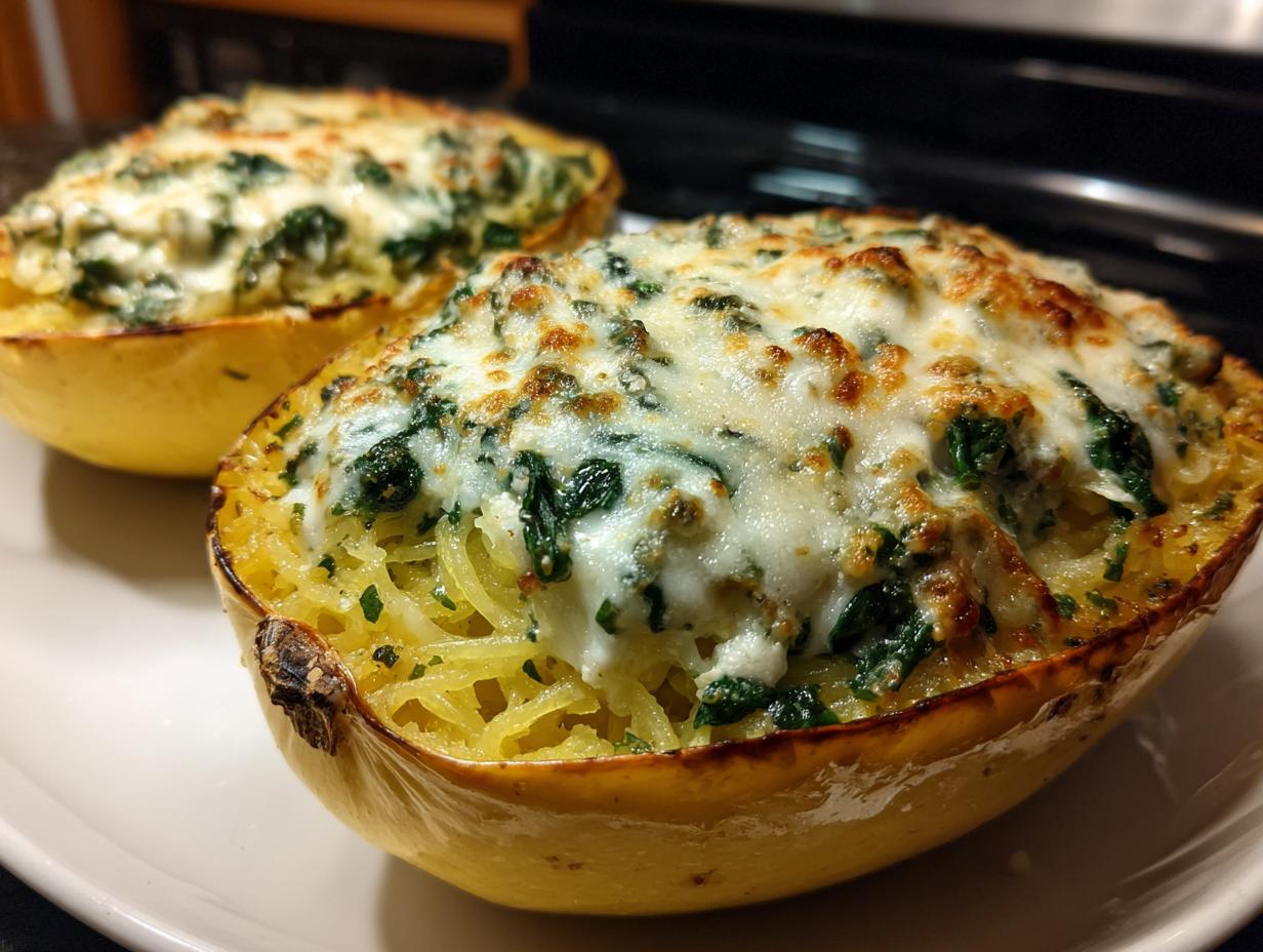 Close-up of two halves of baked spinach stuffed spaghetti squash topped with golden melted cheese.