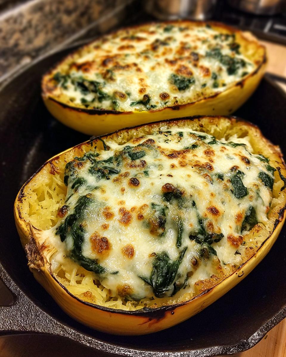 Two halves of baked spaghetti squash filled with creamy spinach and melted cheese, a delicious spinach stuffed spaghetti squash.