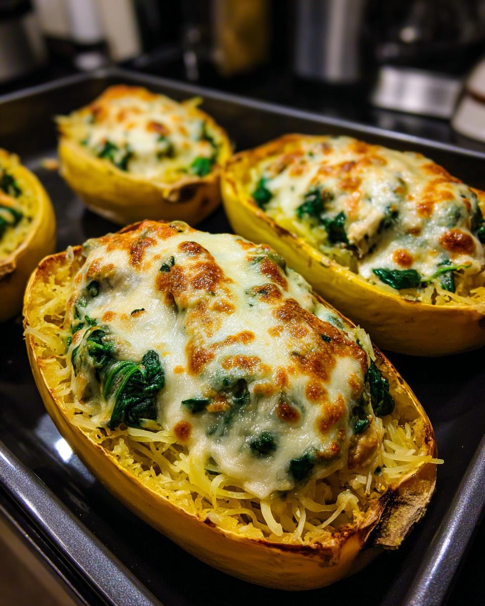 Close-up of baked spinach stuffed spaghetti squash halves topped with golden melted cheese.