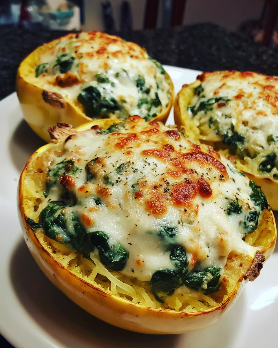 Three halves of baked spaghetti squash stuffed with a creamy spinach filling and topped with melted, golden-brown cheese.