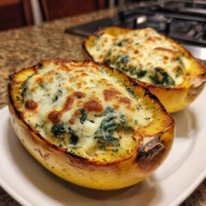 Two halves of baked spaghetti squash stuffed with a creamy spinach and cheese filling, topped with melted, golden-brown cheese.