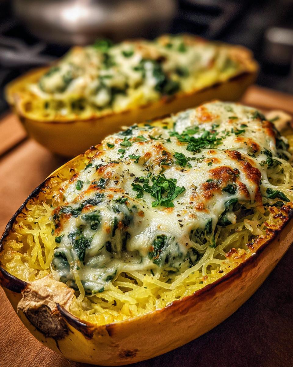 Close-up of a baked spaghetti squash half filled with creamy spinach and topped with melted cheese and herbs.