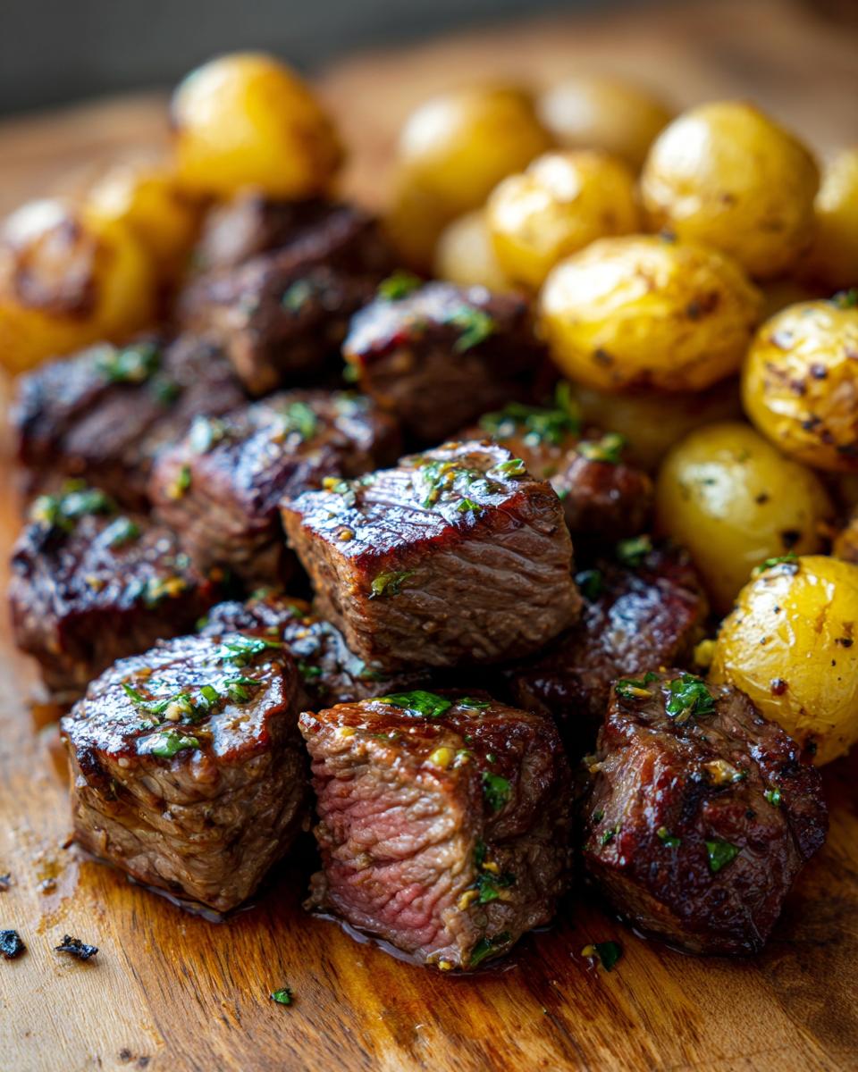 Close-up of juicy steak bites and roasted baby potatoes, seasoned with herbs.