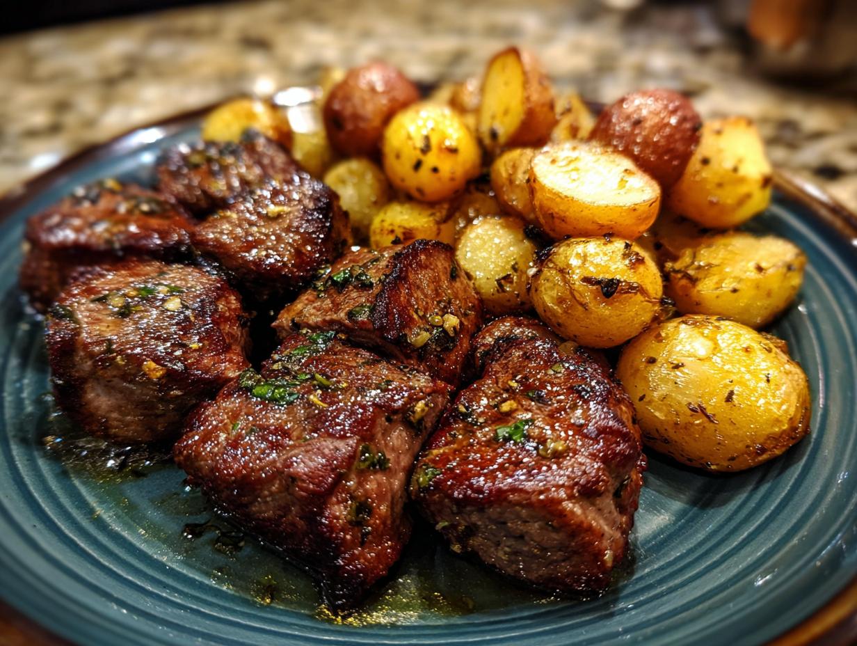 Close-up of juicy steak bites and roasted potatoes seasoned with herbs.