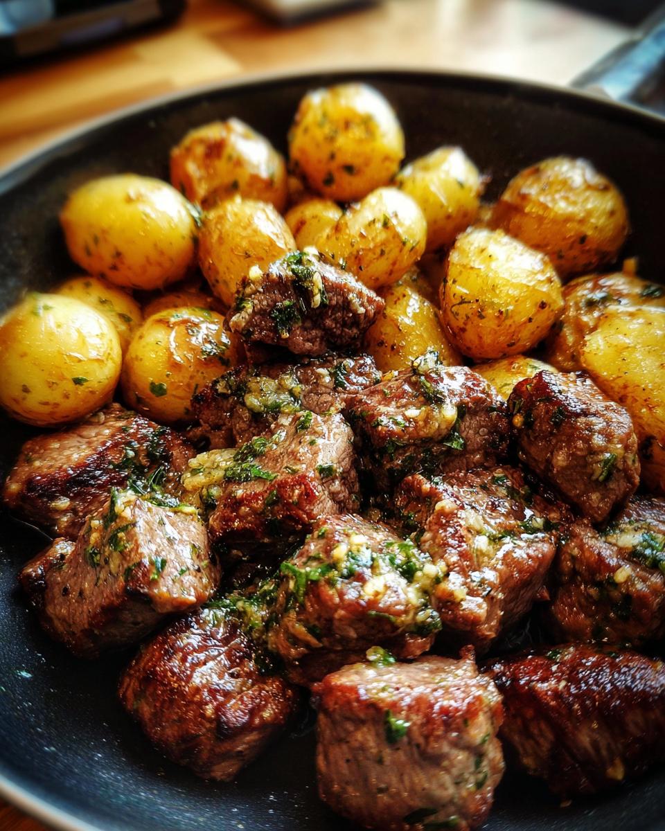 Close-up of juicy steak bites and golden roasted potatoes seasoned with herbs in a black pan.