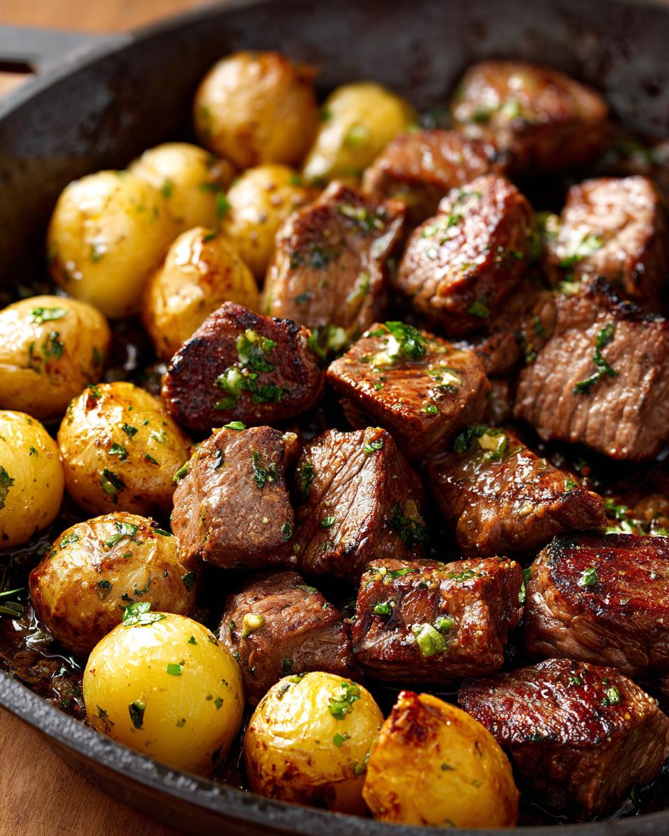 Close-up of juicy steak bites and golden potatoes seasoned with herbs in a cast-iron skillet.