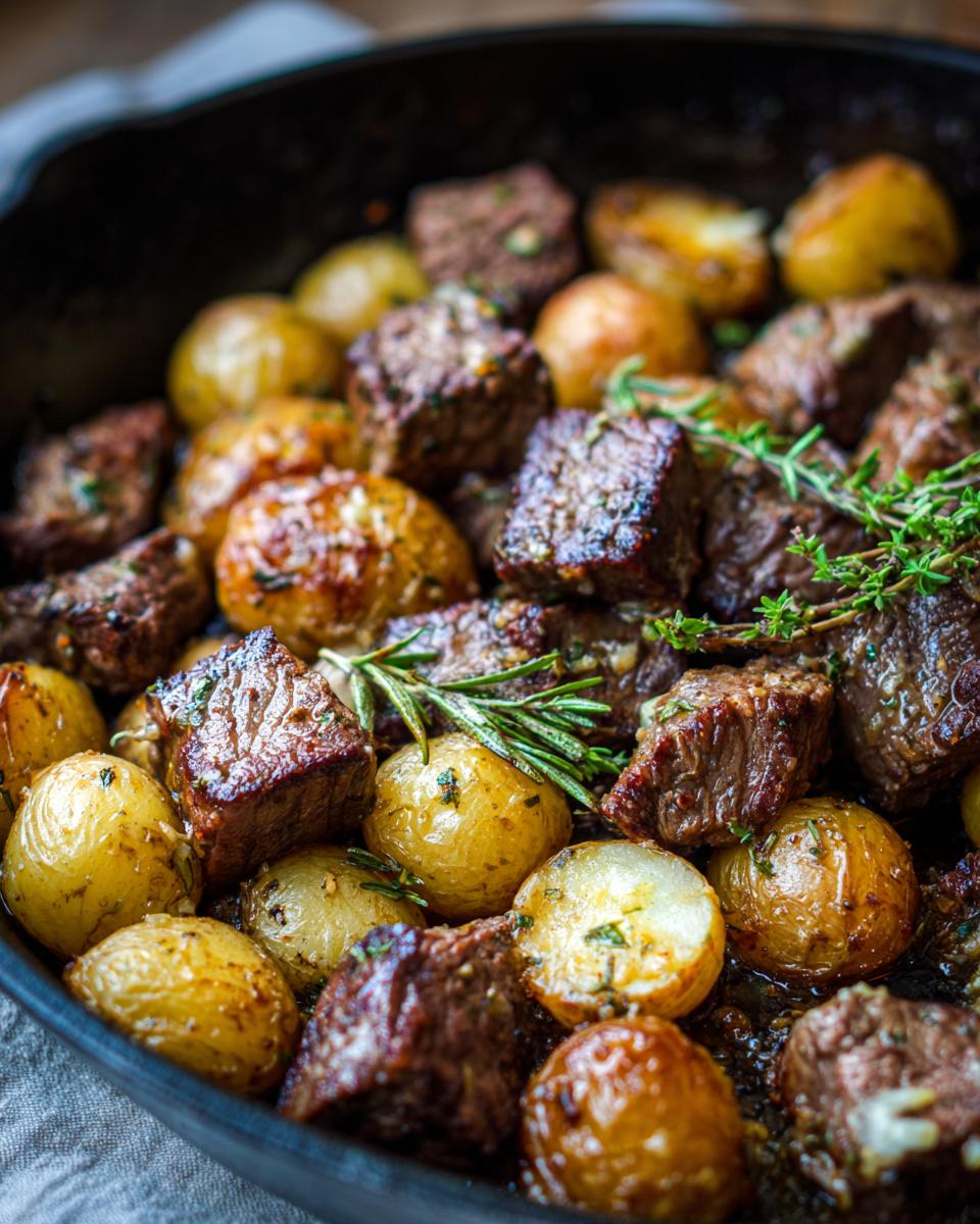 Close-up of juicy steak bites and golden potatoes seasoned with herbs in a cast iron skillet.