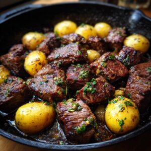 Close-up of juicy steak bites and golden potatoes seasoned with herbs in a cast iron skillet.