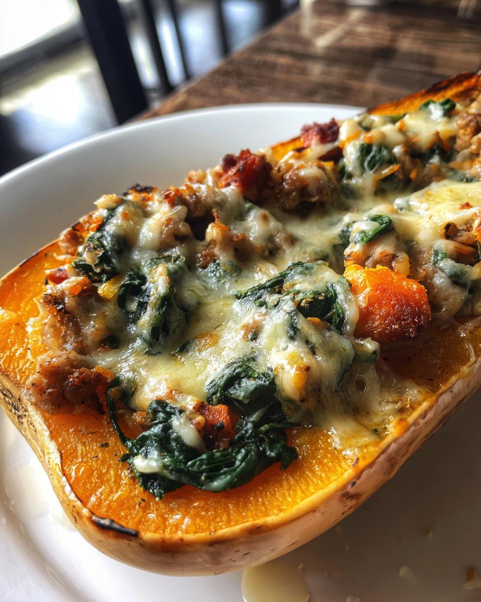 Close-up of a halved Stuffed Butternut Squash, baked with spinach, sausage, and melted cheese.