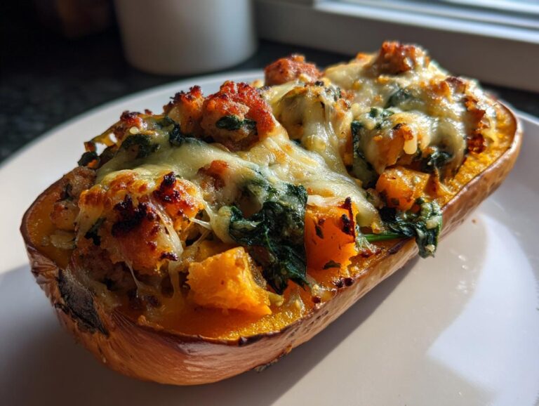 A close-up of a baked stuffed butternut squash filled with savory ingredients and topped with melted cheese.