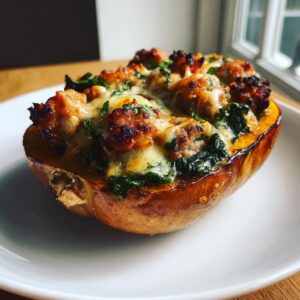 A close-up of a halved Stuffed Butternut Squash filled with savory sausage, spinach, and melted cheese.