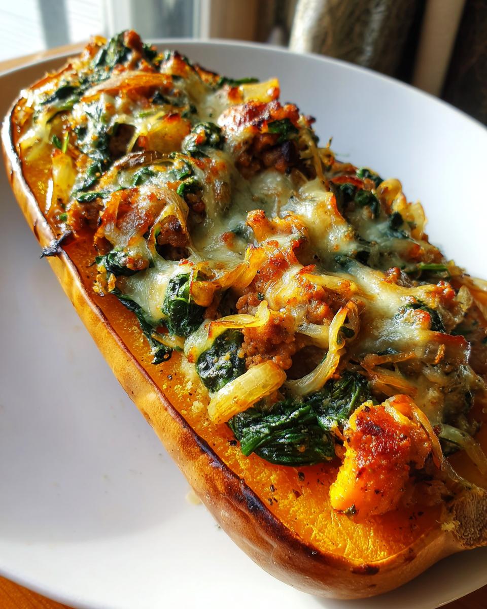 A close-up of a halved Stuffed Butternut Squash filled with savory sausage, wilted spinach, and melted cheese.