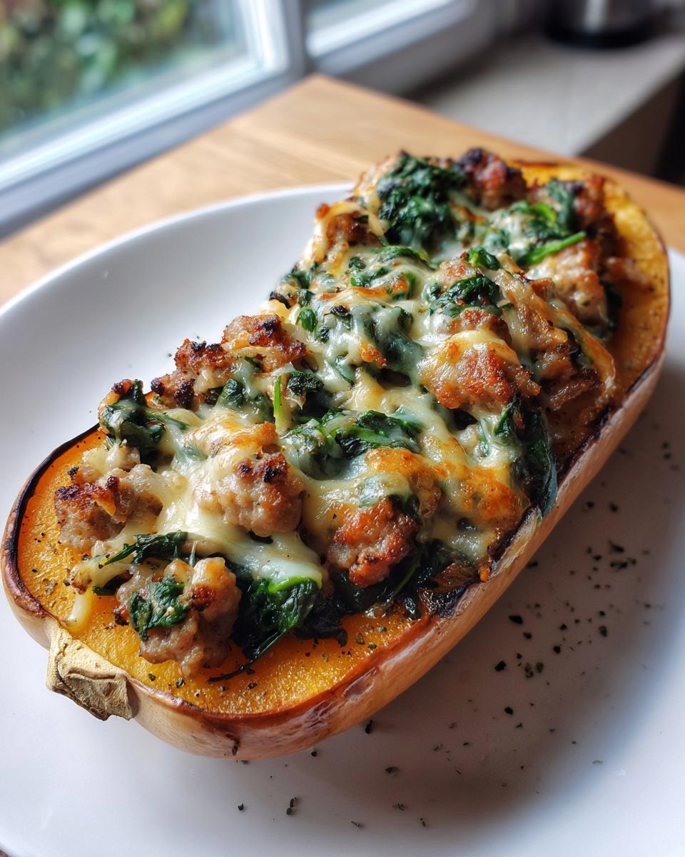 A close-up of a delicious stuffed butternut squash filled with savory sausage, spinach, and melted cheese.