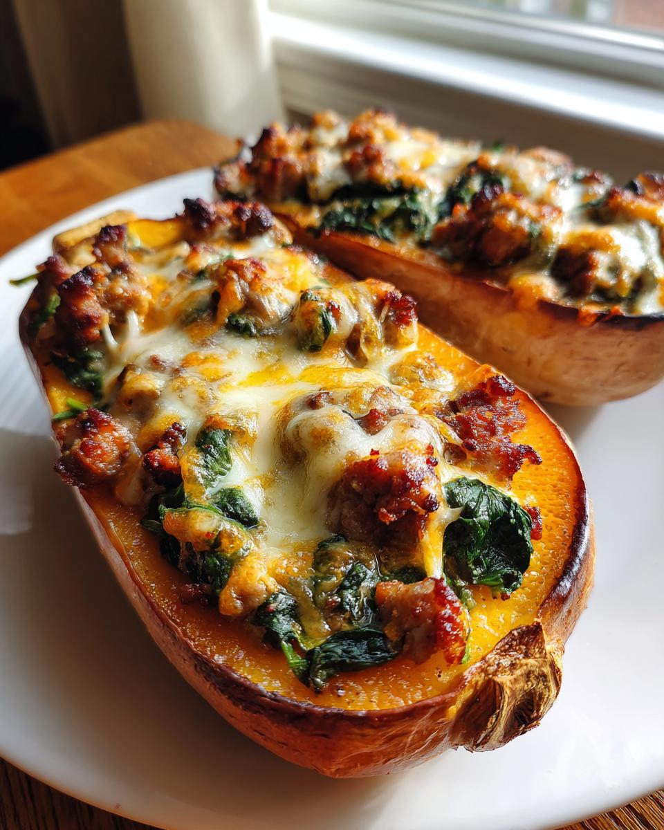 Close-up of two halves of stuffed butternut squash filled with sausage, spinach, and melted cheese.