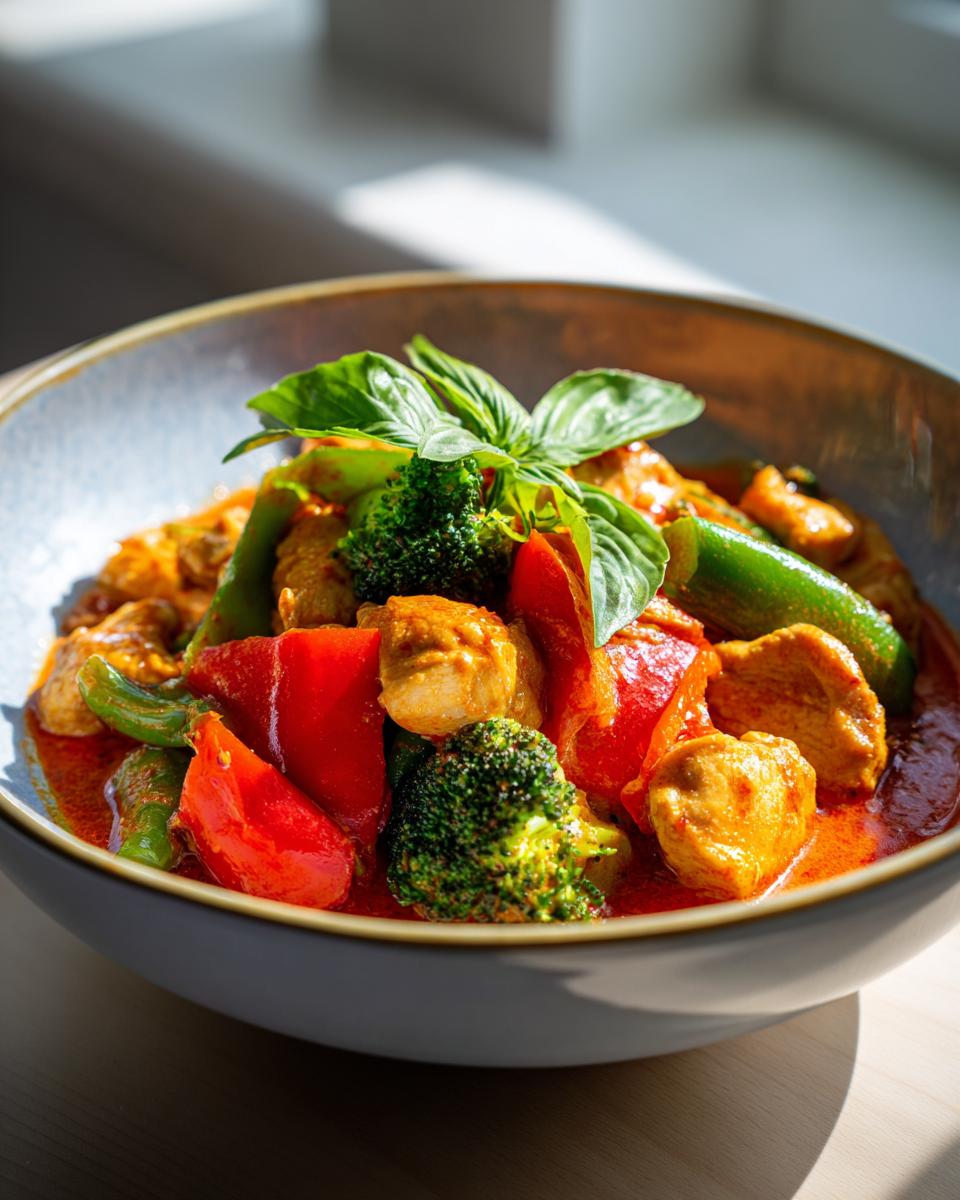 A close-up of a bowl filled with vibrant Thai red curry chicken, featuring tender chicken pieces, broccoli florets, red bell peppers, and green beans.