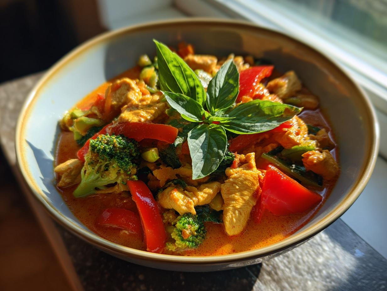 A close-up of a bowl of Thai red curry chicken with broccoli, red bell peppers, and fresh basil.