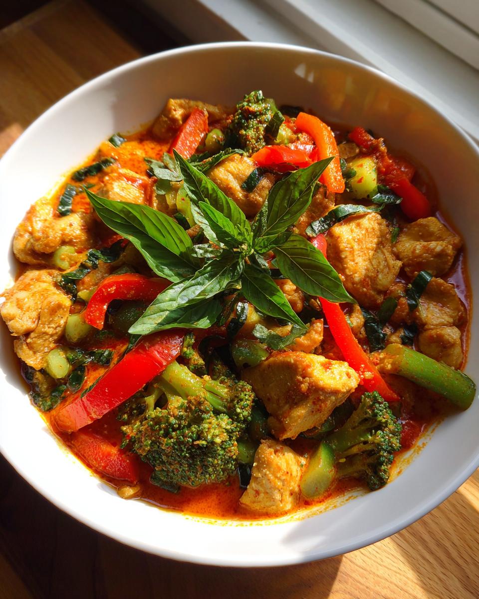 A close-up of a white bowl filled with flavorful Thai red curry chicken, featuring tender chicken pieces, vibrant broccoli florets, and red bell peppers, garnished with fresh basil.