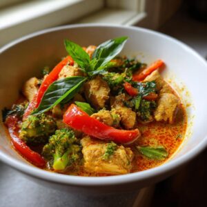 A close-up of a bowl of Thai red curry chicken, featuring tender chicken pieces, broccoli florets, and red bell peppers in a rich, creamy red curry sauce, garnished with fresh basil leaves.