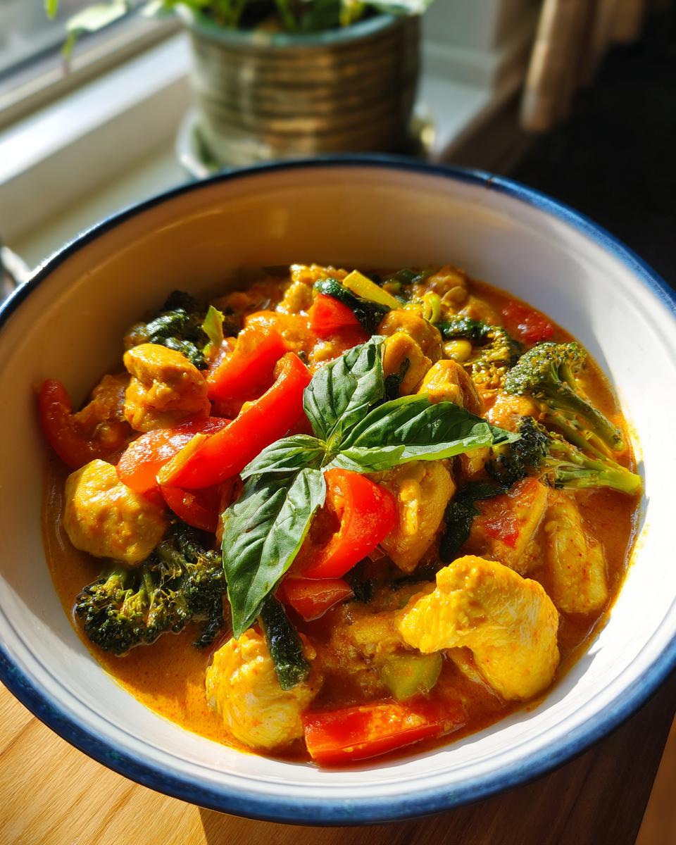 A bowl of vibrant Thai red curry chicken with broccoli, red bell peppers, and fresh basil.
