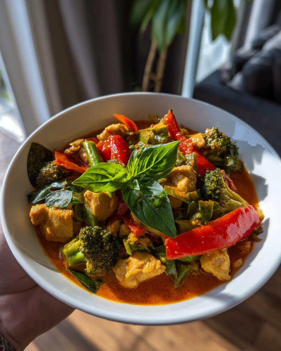 A bowl of vibrant Thai red curry chicken with broccoli, red bell peppers, and fresh basil.
