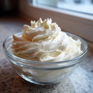 A close-up of fluffy vanilla buttercream frosting swirled in a clear glass bowl.