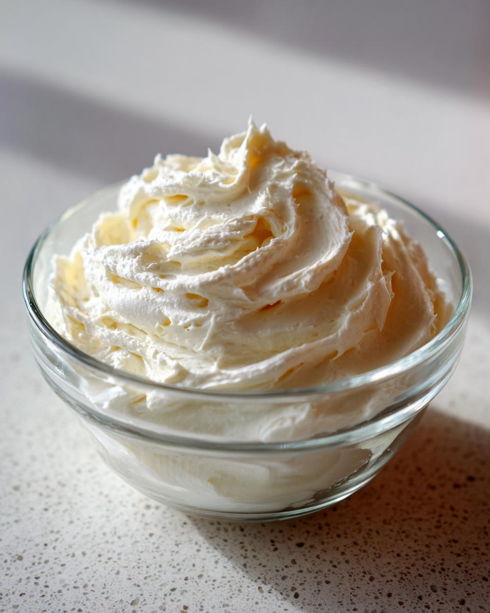 A close-up of fluffy vanilla buttercream frosting swirled in a clear glass bowl.