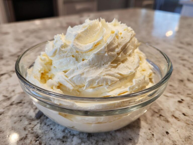 A close-up of fluffy vanilla buttercream frosting swirled in a clear glass bowl.