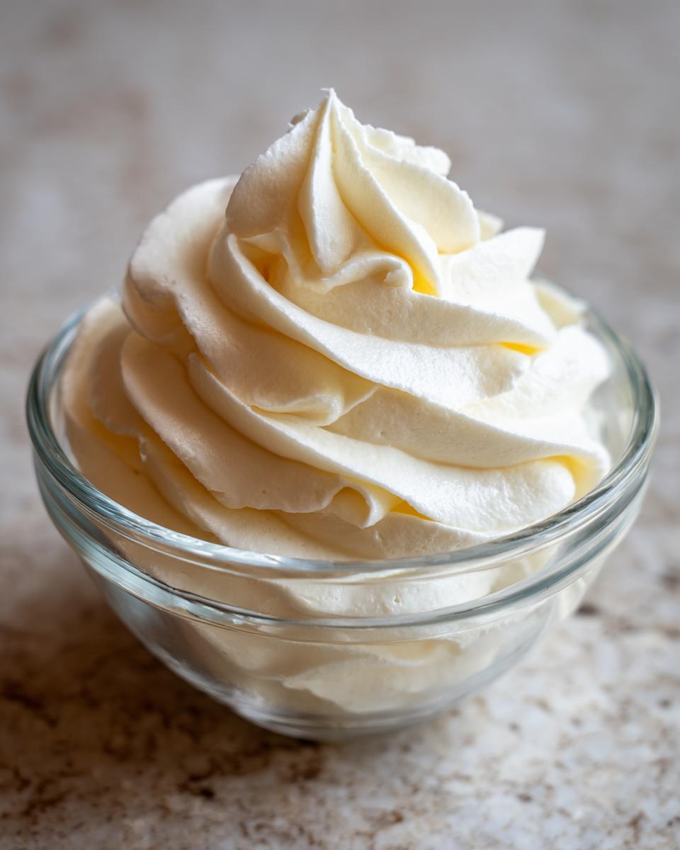 A beautiful swirl of creamy vanilla buttercream frosting in a glass bowl.