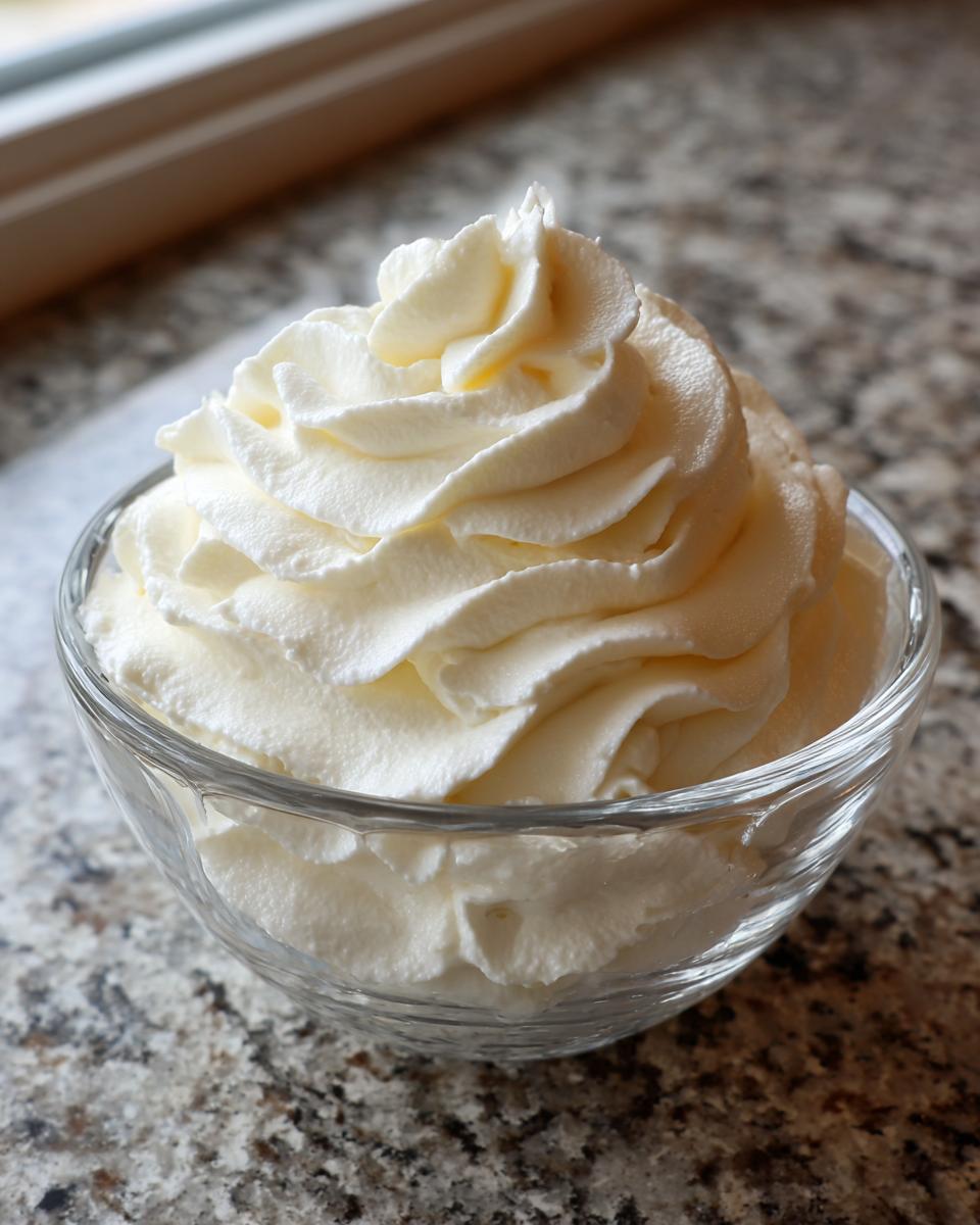 A beautiful swirl of creamy vanilla buttercream frosting in a glass bowl.