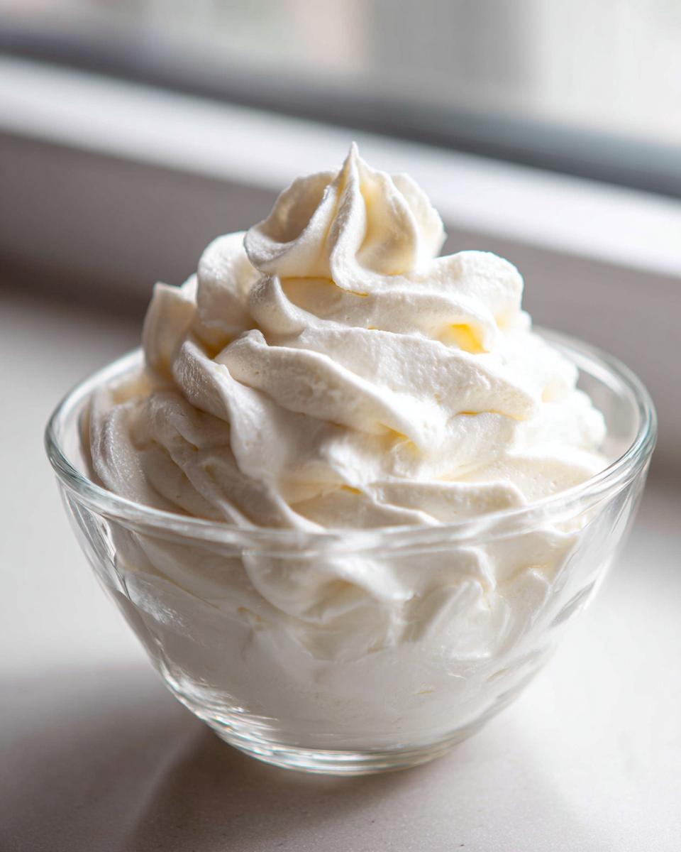 A close-up of fluffy vanilla buttercream frosting swirled in a glass bowl.