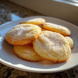 A stack of golden, baked sugar cookie cutouts generously topped with sparkling granulated sugar, resting on a white plate.